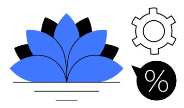 Mavi nilüfer büyümeyi süreç optimizasyonu ve analitik için konuşma yüzdesi baloncuklarıyla sembolize ediyor. İş stratejisi, üretkenlik, mali içgörü, yenilik ve büyüme için ideal