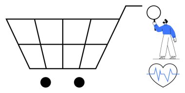 Minimalist alışveriş arabası ve büyüteçle inceleme yapan bir adam. Kalp atışı ikonu sağlık ve sağlığı sembolize eder. E-ticaret, analiz, araştırma, sağlık hizmetleri, alışveriş, sağlık, basit iniş sayfası için ideal