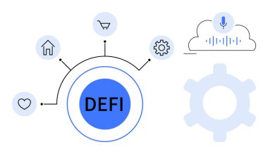 Merkezi DEFI düğümleri kalp, ev, alışveriş, ayarlar ve sesli bulut simgelerine bağlıdır. Finans, teknoloji, yenilik, bağlantı dijital ekosistemleri için ideal
