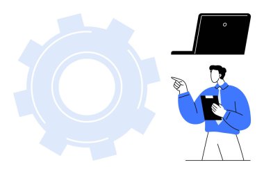 Elinde bir tablet tutan işadamı dişli mekanizması ve dizüstü bilgisayarı olan bir konsepte işaret ediyor. Takım çalışması, yenilik, strateji, teknoloji, üretkenlik, liderlik ve planlama için ideal. Düz basit