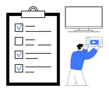 Tamamlanmış kontrol listesi, özel ders ekranı olan kişi ve bilgisayar monitörü. Üretkenlik, iş akışı, görevler, organizasyon, öğrenme ve video rehberleri için ideal basit iniş sayfası