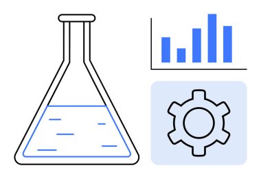 Sıvı, bar grafiği, kimyasal deneyleri temsil eden vites simgesi, veri analizi, yenilik. Bilim, araştırma, teknoloji, veri eğitimi optimizasyonu için ideal basit iniş sayfası