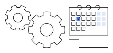 İşaretli bir takvimin yanındaki dişliler mavi bir çekle organize, zaman yönetimi ve planlama anlamına gelir. Çalışma akışı, teslim tarihleri, zamanlama, üretkenlik, proje yönetimi, operasyonel
