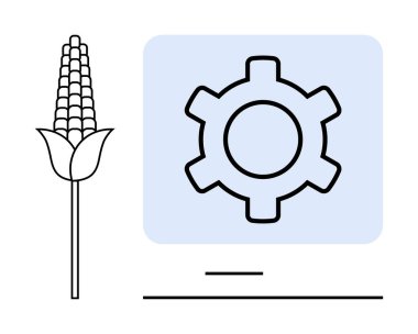 Teknolojinin dişli sembolünün yanındaki mısır ikonu tarımsal gelişimi gösteriyor. Tarım, sürdürülebilirlik, yenilik, teknoloji, tarım süreçleri, modern tarım, basit