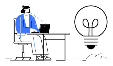 Masada oturan kişi dizüstü bilgisayara odaklanmış dev ampul yenilik ve ilhamı temsil ediyor. Yaratıcılık, üretkenlik, teknoloji, uzak çalışma, beyin fırtınası, eğitim, kariyer için ideal