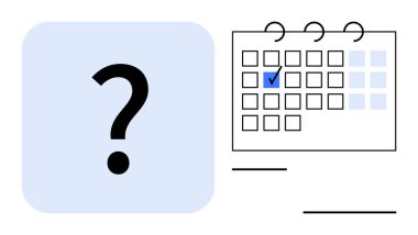 Takvim ızgarasının yanındaki soru işareti belirsizliği ve kararları belirtir. Zaman yönetimi, planlama, teslim tarihleri, hatırlatma, öncelik sıralaması, belirsizlik için ideal