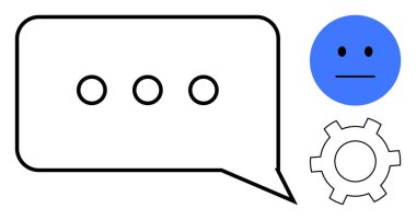 Üç noktalı sohbet balonu, nötr ifade yüzü ve iletişim, geri bildirim, duygu, teknoloji, mesajlaşma, işlem optimizasyonu ve basit bir iniş sayfasında sohbet robotunu temsil eden dişli element.