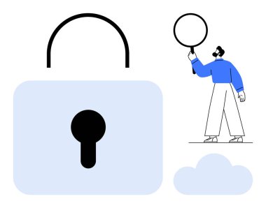 Elinde büyüteç tutan adam büyük kilidi inceliyor, güvenliği, bulut erişimini ve veri korumasını simgeliyor. Siber güvenlik, gizlilik, soruşturma, ağ güvenliği ve bilişim çözümleri için ideal