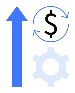 Mavi yukarı doğru ok, dairesel para birimi işareti, kavramsal olarak büyümeyi temsil eden hafif dişli dişli dişli, finansal ciro, operasyonel verimlilik. Strateji, finans, yenilik ve verimlilik için ideal