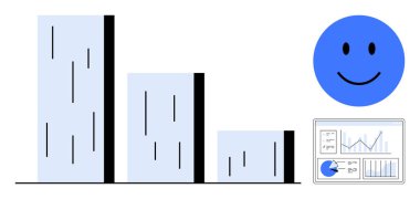 Çubuk grafiği mavi mutlu bir yüz ve pozitif sonuçları sembolize eden analitik bir gösterge panelinin yanında azalıyor. Ticari başarı, analitik, büyüme görselleştirme, istatistik, mutluluk, ilerleme için ideal