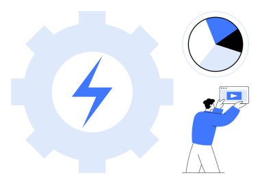 Yıldırımlı teçhizat, pasta grafiği, web sayfası videosu tutan kişi. Çalışma akışı, otomasyon, enerji, verimlilik, analitik, pazarlama stratejisi için ideal basit iniş sayfası