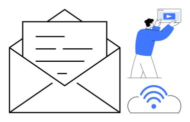 Mektuplu büyük bir zarf, elinde video oynatıcı penceresi olan bir adam, kablosuz ikonlu bir bulut. İletişim için ideal, uzak çalışma, dijital pazarlama, içerik paylaşımı, yayın, bulut depolama basit