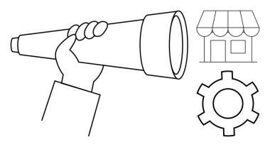 El ele tutuşan teleskop, vites sembolü, dükkan simgesi vizyonu, stratejiyi, yeniliği, ticareti, karar vermeyi, keşfi simgeliyor. Girişimcilik için ideal liderlik teknolojisi perakende sektörü