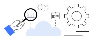 El bulmaca parçaları, takvim ve teçhizatla bağlantılı bir bulut üzerindeki verileri incelemek için büyüteç kullanıyor. Analiz, planlama, takım çalışması, bulut hesaplama, veri işleme sorunu çözmek için ideal. Düz
