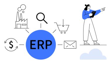 Merkezde imalat, arama, e-ticaret, e-posta, finans ve kullanıcı analizi için ikonlar bulunuyor. Otomasyon, entegrasyon, işletme envanteri lojistiği ve basit bir