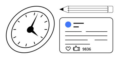 Zamanı temsil eden saat, yaratıcılık için kalem ve olumlu yorumları olan sosyal medya kartı. Üretkenlik, yaratıcılık, zaman izleme, sosyal medya, pazarlama, basit analizler için ideal