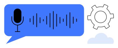 Mikrofon simgesi, ses dalgası, teçhizat ve ses tanıma, teknoloji, otomasyon. Yapay zeka, ses analizi, konuşma-metin yenilik teknolojisi arayüzleri için ideal dijital