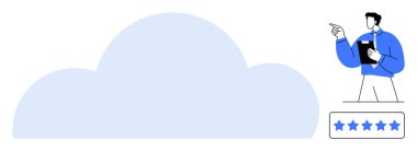 Büyük bulut grafiği, elinde pano tutan adam, beş yıldızlı reyting çubuğu. Veri depolama, bulut hesaplama, inceleme sistemleri, geri besleme, analiz, performans değerlendirme teknolojisi için ideal