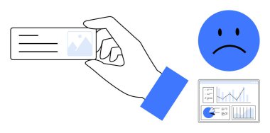 Üzgün yüz grafikleri ve olumsuz trend çizelgelerinin yanında el ele tutuşma kartı. Geri bildirim, veri analizi, kullanıcı tatminsizliği, müşteri deneyimi, iş analizleri, hata raporlama, basit iniş