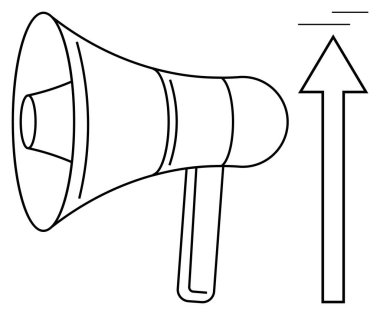 Yukarı doğru okun yanındaki megafon artan iletişimi, terfiyi, başarıyı ve büyümeyi sembolize ediyor. Pazarlama, liderlik, terfi, ilerleme stratejisi farkındalığı yeniliği için ideal. Düz basit