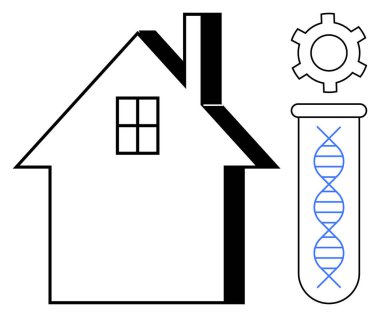 DNA ipliği ve vites simgesini gösteren test tüplü ev çizgisi. Biyoteknoloji, ev yeniliği, mühendislik, araştırma, teknoloji, genetik, bilimsel ilerleme veya basit iniş sayfası için ideal