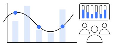 Eğilim çizgisi ve veri noktaları olan çizelge, karşılaştırma ölçüleri olan çizelge, işbirliği için takım simgeleri. Analiz, takım çalışması, strateji, büyüme, planlama ve raporlama için ideal