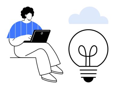 Büyük bir ampul ve bulutla dizüstü bilgisayarda çalışan bir birey, fikirler ve yenilikler öneriyor. Yaratıcılık, beyin fırtınası, uzak çalışma, fikir üretkenlik, basitlik, yenilik için ideal