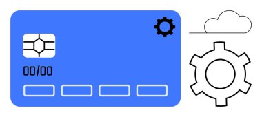 Teçhizat ikonlarının bulunduğu mavi dijital ödeme kartı, özelleştirme ve güvenliğin bitişik bulut ve yapılandırmaları simgeliyor. Fintech, bankacılık, bulut hizmetleri, güvenlik, otomasyon, kişiselleştirme için ideal