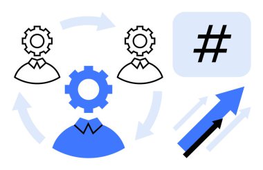 Yuvarlak oklarla, üstveri etiketi sembolüyle ve yukarı doğru okla bağlanmış dişli başlı profiller. Takım çalışması, işbirliği, süreç optimizasyonu, iş akışı, büyüme için ideal, sosyal medya sade iniş sayfası