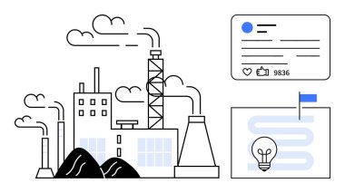 Duman yığınları olan fabrika, nişan istatistikleri olan sosyal medya paylaşımı ve ampullü yol haritası. Sanayi için ideal, sürdürülebilirlik, iletişim, strateji, yenilik, planlama ortamı basit