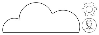 Veri depolamayı temsil eden büyük bulut şekli, süreci ve araçları sembolize eden bir dişli ve kişiselleştirme ve erişim için kullanıcı avatarı. Teknoloji, takım çalışması, yenilik ve verimlilik için ideal