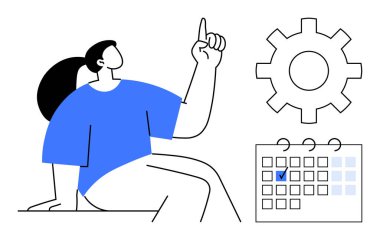 İnsan jesti fikri, büyük teçhizat, işaretli takvim. Üretkenlik, planlama, takım çalışması, organizasyon, iş akışı hedefi zaman yönetimi için idealdir. Minimalist düz metafor