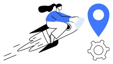 Roketi mavi işaretli bir yere doğru uçuran bir kadın, yanında bir vites simgesi var. İş büyümesi, teknoloji, navigasyon, ilerleme, yenilik ve liderlik için ideal. Düz basit metafor