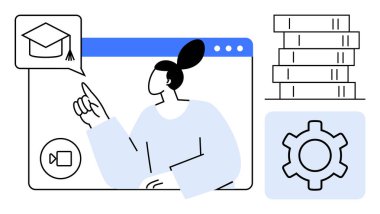 Ekranda mezuniyet şapkası simgesini gösteren bir kadın, video çağrı düğmesi, kitap yığını ve vites sembolü. Eğitim, e-öğrenim, çevrimiçi kurslar, bilgi paylaşımı, teknik destek eğitimi için ideal