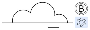 Bulut sembolü dişli ve Bitcoin ikonu dijital depolama, kripto para birimi, teknoloji ve veri yönetimini temsil ediyor. Fintech, bulut bilgisayarı, engelleme zinciri, veri güvenliği ve teknoloji için ideal