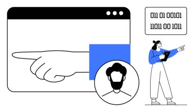 Tarayıcı penceresini gösteren bir el, ikili kod, tabletli bir kullanıcı. Teknoloji, kodlama, internet, kullanıcı etkileşimi, navigasyon, yenilik için ideal basit iniş sayfası