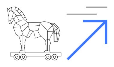 Tekerlekli platformdaki Geometrik Truva atı, yukarı doğru cesur mavi bir ok ve minimalist çizgilerle yan yana. Siber güvenlik, strateji, ilerleme, sızma, yenilik, potansiyel ve risk için idealdir. Düz
