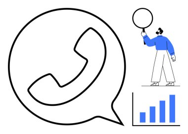 Geniş telefon arama ikonu, iş haritası ve analiz için büyüteç tutan figürlerle eşleştirildi. Müşteri desteği, satış, veri analizi, pazarlama, danışmanlık, strateji, basit iniş için ideal