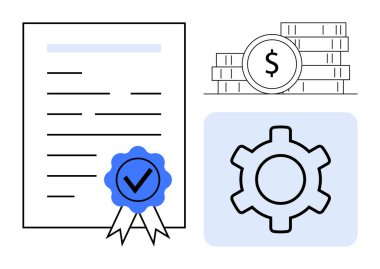 Sertifika kurdeleli belge, dolar işaretli bozuk para yığını ve otomasyonu simgeleyen teçhizat. Finans, iş, hukuk hizmetleri, uyum, sertifika, optimizasyon için idealdir.