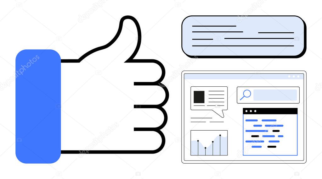 Thumbs-up symbol, chat bubble with text, and analytics dashboard with graphs and search bar. Ideal for marketing, communication, social networking, feedback, content strategy, digital analytics