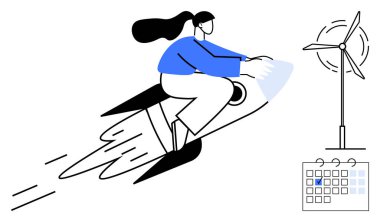 Kadın rüzgar türbinine doğru roket sürüyor ve buluşları, sürdürülebilirliği, planlamayı ve zamanı gösteren işaretli takvim. Yenilenebilir enerji, yeşil teknoloji, hırs, gelecek ve programlama için ideal.