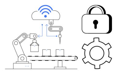 Taşıyıcı bantta nesneleri birleştiren robot kol, bulut bağlantısı, güvenlik için asma kilit ve vites sembolü. İOT, otomasyon, siber güvenlik, imalat, yapay zeka entegrasyonu için idealdir.