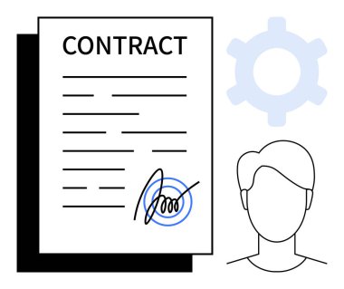 Vites simgesi ve insan profilinin yanında el yazısıyla yazılmış bir belge. Anlaşma, ortaklık, istihdam, iş anlaşması, organizasyon, profesyonellik, belgeler için ideal. Düz basit