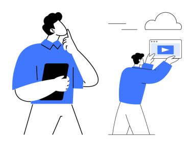 Thoughtful man holding a tablet, another person uploads video to cloud storage. Ideal for technology, brainstorming, cloud computing, streaming, data sharing, content creation, simple landing page