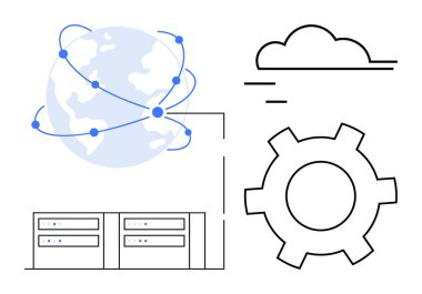 Bağlantı düğümleri, bulut simgesi, sunucu birimleri ve çark ağ, bulut depolama, veri çözümleri ve teknoloji sistemlerini sembolize ediyor. Teknoloji ve yenilik bulutu için ideal
