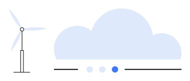 Mavi bir bulut ve yön bulma noktalarının yanında dönen rüzgar türbini. Sürdürülebilirlik, yenilenebilir enerji, çevresel çözümler, modern teknoloji, bulut hesaplama, temiz enerji, basit iniş