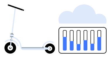 Elektrik scooter 'ı bulut depolama grafiği ve pil seviyesinin yanında, akıllı bağlantıyı temsil ediyor. Çevre taşımacılığı, IOT, yenilik, hareketlilik, sürdürülebilirlik, enerji çözümleri için ideal, basit