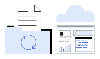 Dosya içeren senkronize oklar, depolamayı temsil eden bulut ve veri, çizelge ve arama içeren bir gösterge paneli. Bulut depolama, dosya paylaşımı, veri analizi ve takım işbirliği için ideal