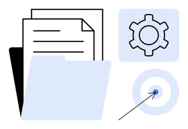Kağıtlarla klasörü aç, yapılandırma için dişli simgesi ve ok ile hedef al. Organizasyon, iş akışı, veri yönetimi, hedefler, planlama, strateji basit iniş sayfası için ideal