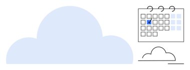 Üzerinde organizasyon, planlama ve bulut teknolojisini temsil eden tarihler olan bir takvimin yanında büyük mavi bir bulut. Bitiş tarihleri, depolama, randevular, üretkenlik, bulut hesaplama, planlama için ideal